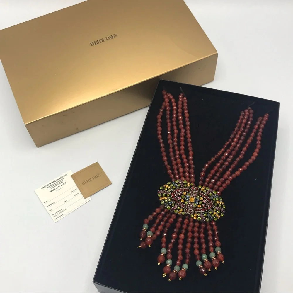 Heidi Daus Carnelian Multi Strand Crystal Tassel Necklace NIB - Picture 2 of 10
